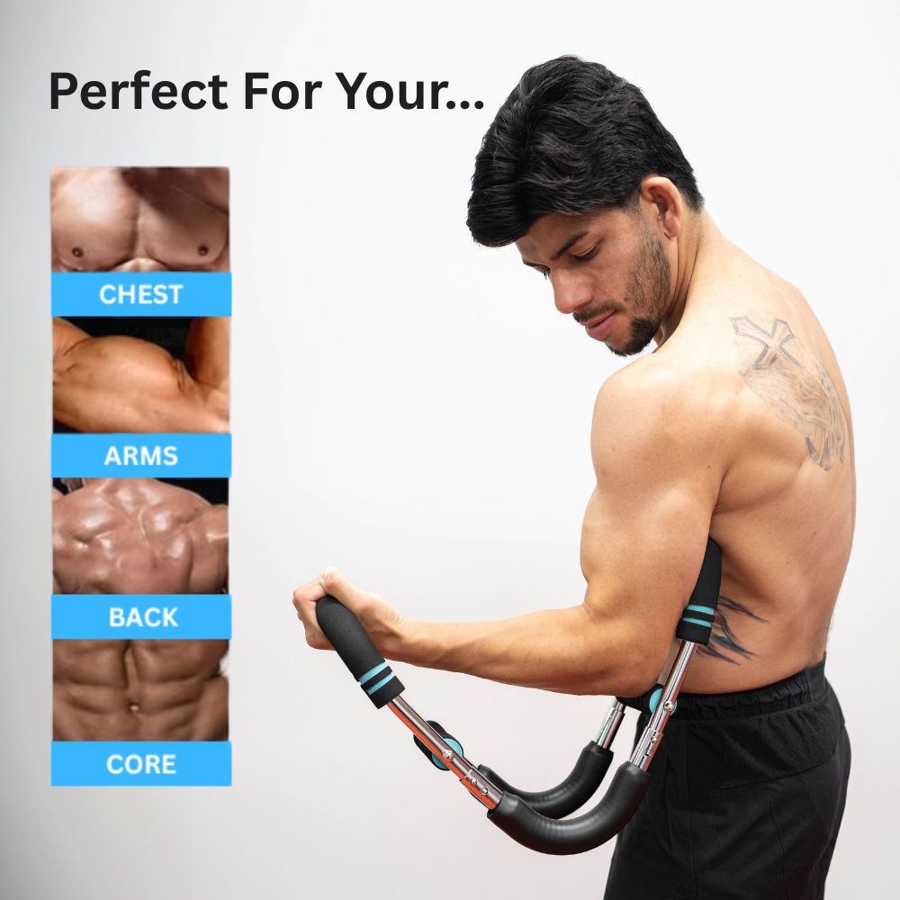 Man training chest and arms with the Iron Haul Power Sculpt Bar